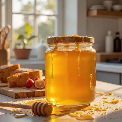 神农架野生蜂蜜，琥珀色液体，装在玻璃瓶中，背景为蜂巢