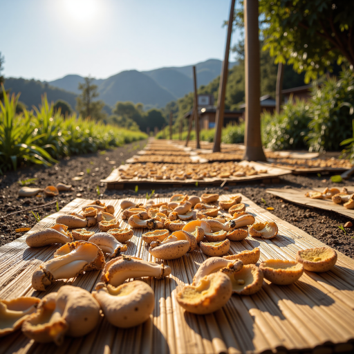 神农架野生香菇，棕色蘑菇排列整齐，背景为森林