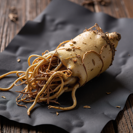 神农架野生天麻，棕色根茎，表面有纹理，背景为中药材