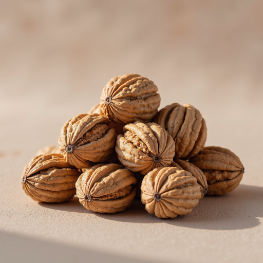 神农架野生核桃，棕色坚果外壳，排列整齐，背景为山林