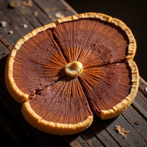 神农架野生灵芝，棕色菌盖，表面有光泽，背景为森林