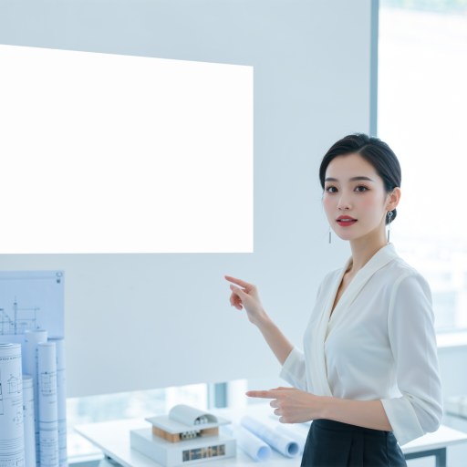 年轻女性产品经理，穿白色衬衫，背景为产品展示区